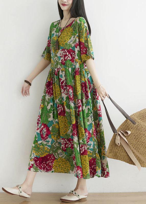 Green O-neck Patchwork Print Fall Ankle Dress Half Sleeve