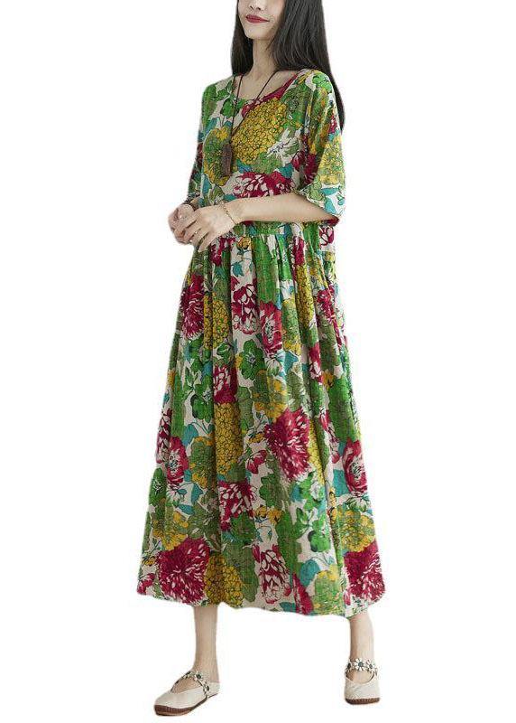 Green O-neck Patchwork Print Fall Ankle Dress Half Sleeve