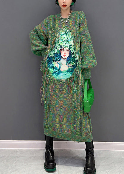 Green O-neck Print Knit Holiday Maxi Sweaters Dress Winter