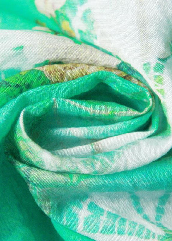 Green O Neck Print Patchwork Silk Blouse Top Batwing Sleeve
