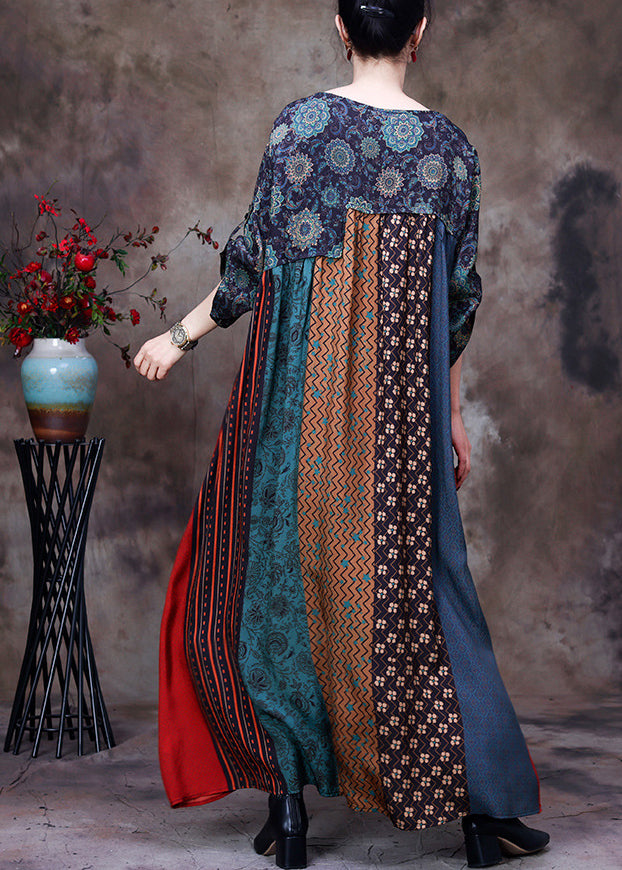 Green O-neck Print Patchwork Silk Long Dresses Long Sleeve