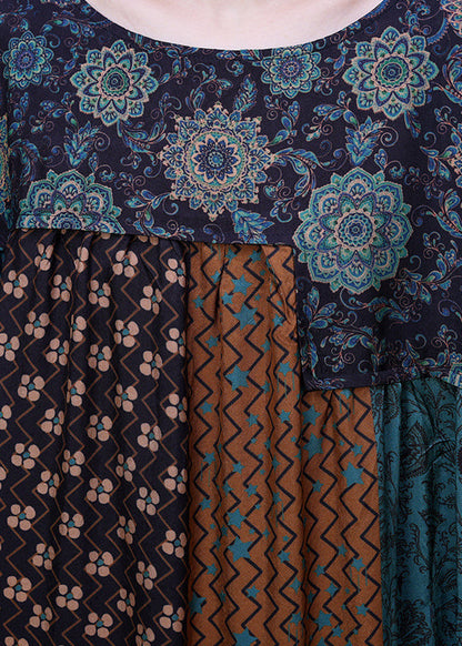 Green O-neck Print Patchwork Silk Long Dresses Long Sleeve