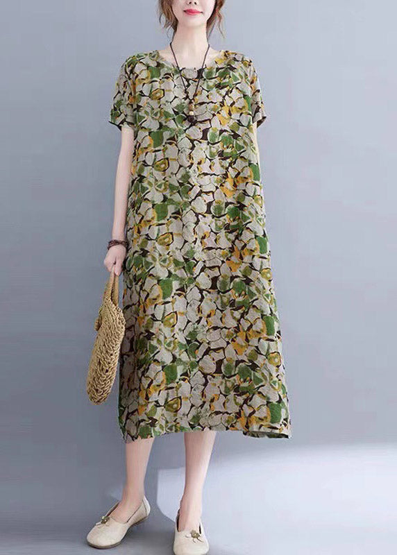 Green O-neck Print Long Dress Short Sleeve