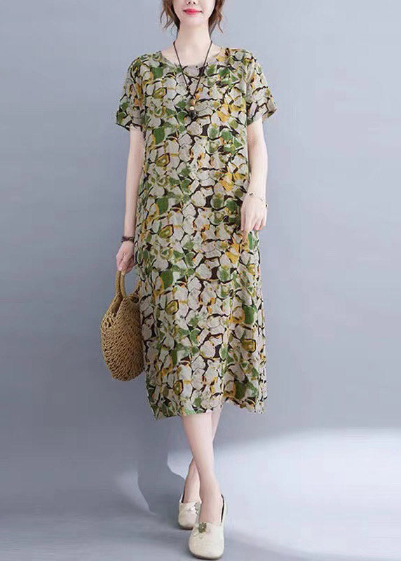 Green O-neck Print Long Dress Short Sleeve