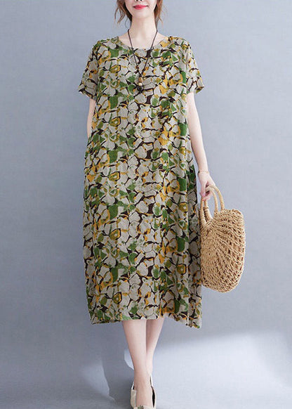Green O-neck Print Long Dress Short Sleeve