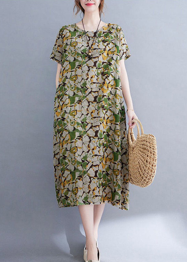 Green O-neck Print Long Dress Short Sleeve