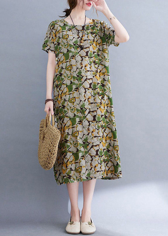 Green O-neck Print Long Dress Short Sleeve