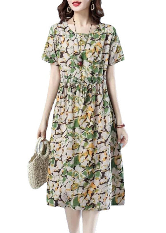 Green O-neck Print Long Dress Short Sleeve