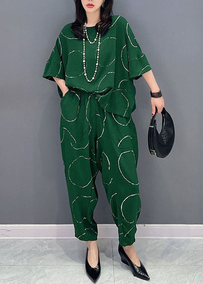 Green O-neck Print Tops and Pants Patchwork Cotton Two Pieces Set Summer