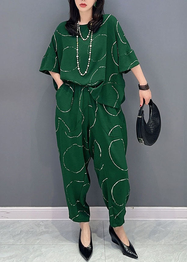 Green O-neck Print Tops and Pants Patchwork Cotton Two Pieces Set Summer