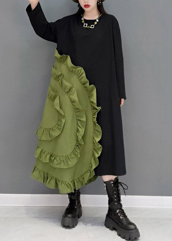 Green O-neck Ruffles Patchwork Long Dresses Long Sleeve