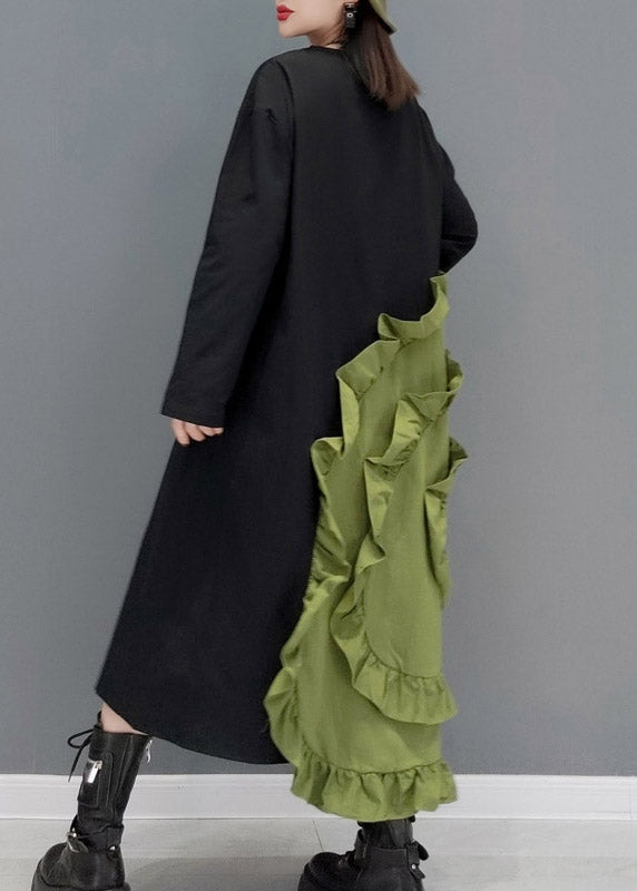 Green O-neck Ruffles Patchwork Long Dresses Long Sleeve