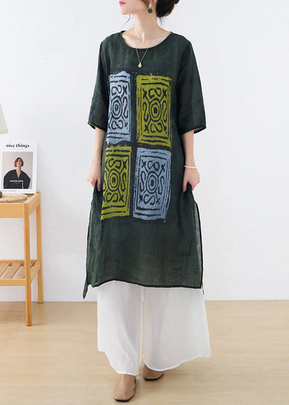 Green O-neck Side Open Print Linen Long Dresses Half Sleeve