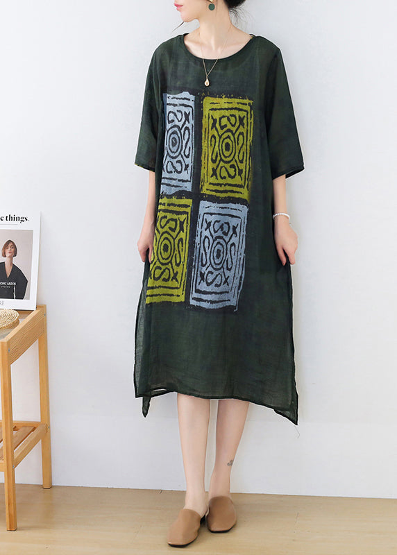 Green O-neck Side Open Print Linen Long Dresses Half Sleeve