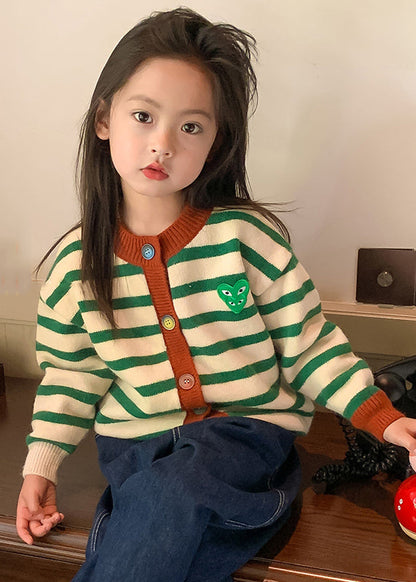 Green O-neck Striped Button Cotton Knit Kids Cardigan Spring
