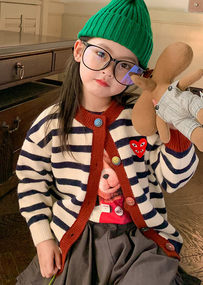 Green O-neck Striped Button Cotton Knit Kids Cardigan Spring
