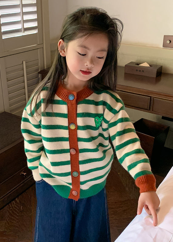Green O-neck Striped Button Cotton Knit Kids Cardigan Spring