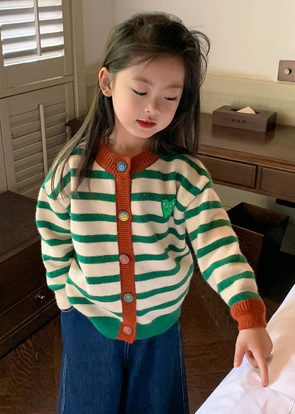 Green O-neck Striped Button Cotton Knit Kids Cardigan Spring
