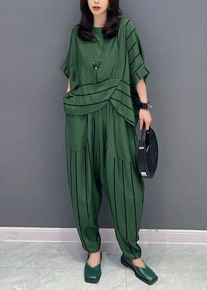 Green O-neck Striped Patchwork Tops and Pants Cotton Two Piece Set Summer