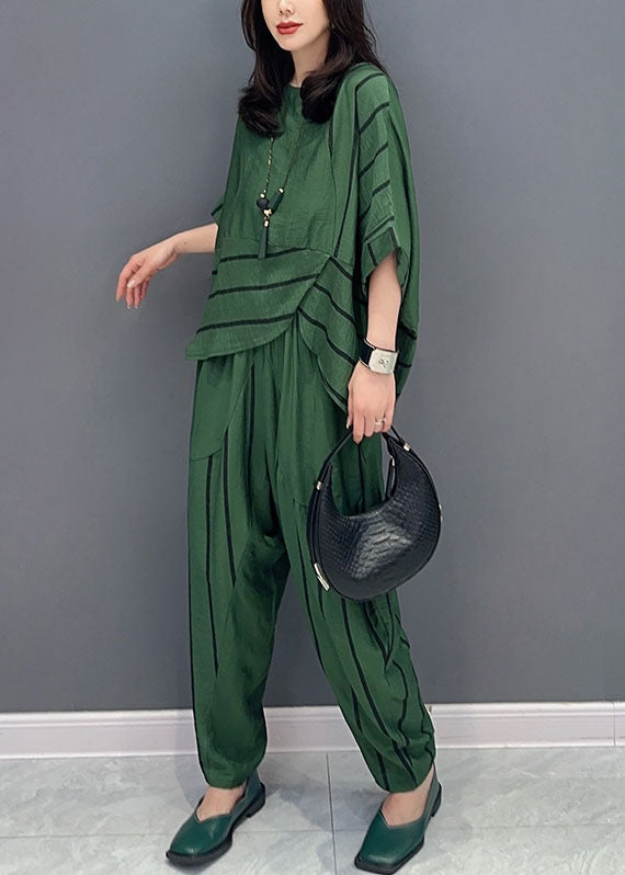 Green O-neck Striped Patchwork Tops and Pants Cotton Two Piece Set Summer