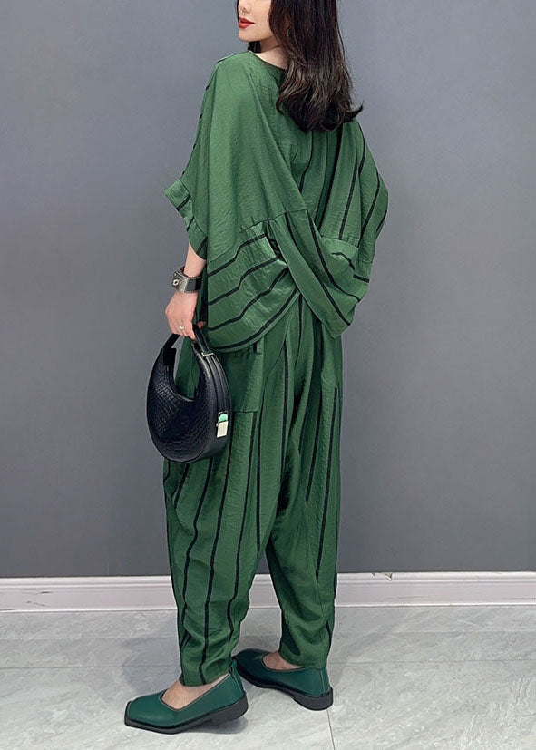 Green O-neck Striped Patchwork Tops and Pants Cotton Two Piece Set Summer