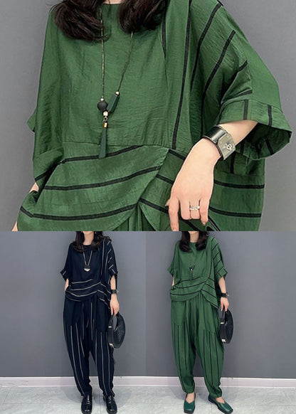 Green O-neck Striped Patchwork Tops and Pants Cotton Two Piece Set Summer