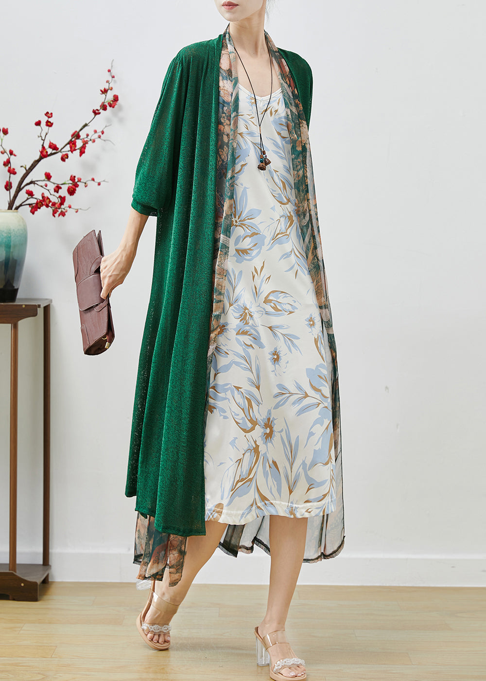 Green Oversized Patchwork Chiffon Loose Coat Spring