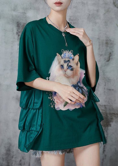 Green Oversized Patchwork Cotton Tanks Summer