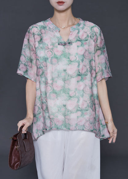 Green Oversized Print Cotton Blouses Summer