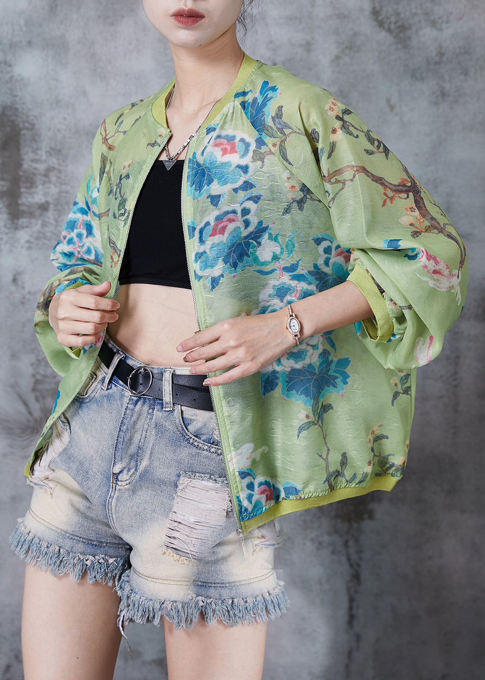 Green Oversized Print Silk Jackets Fall