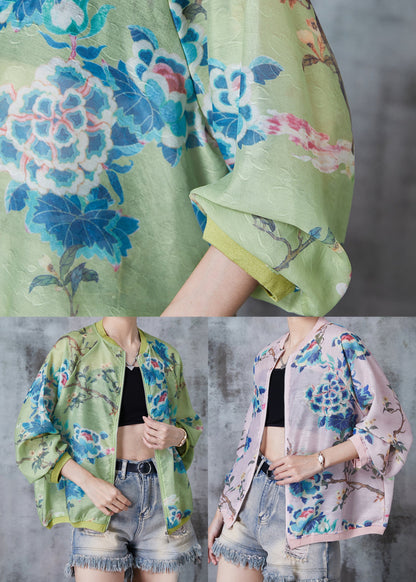 Green Oversized Print Silk Jackets Fall
