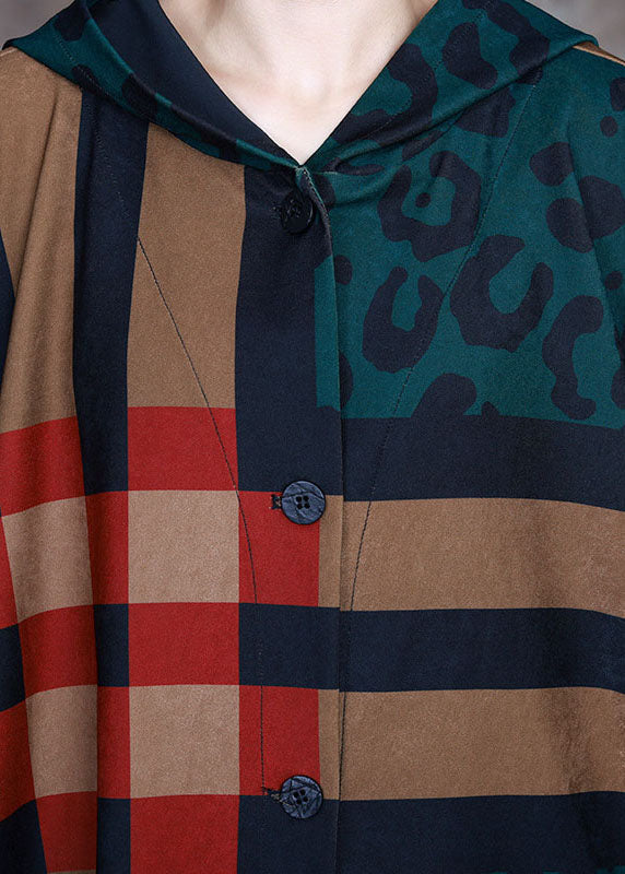 Green Patchwork Plaid Button Print Asymmetrical Design Fall Coat