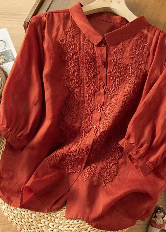 Green Peter Pan Collar Embroideried Button Shirt Half Sleeve