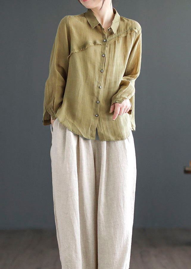 Green Peter Pan Collar Patchwork Linen Blouses Long Sleeve