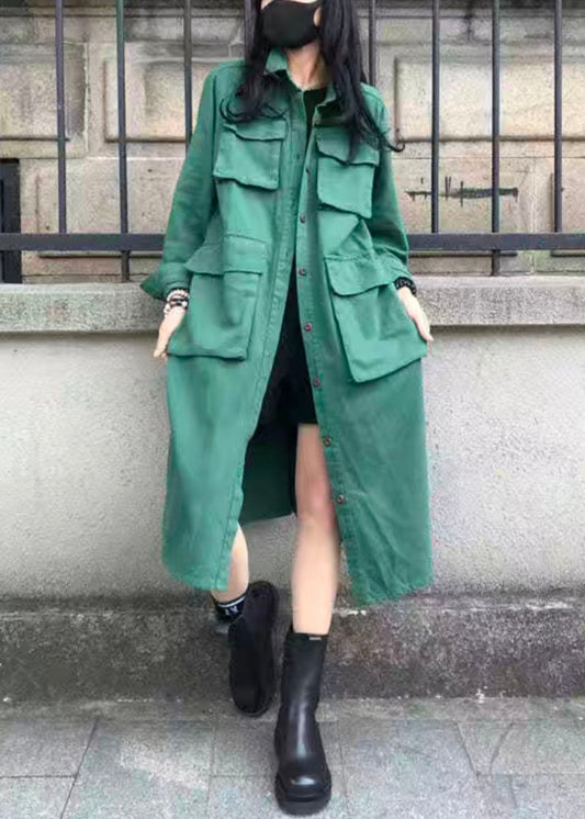 Green Peter Pan Collar Pockets Patchwork Cotton Trench Fall
