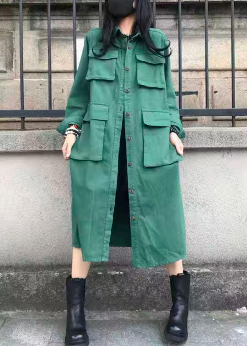 Green Peter Pan Collar Pockets Patchwork Cotton Trench Fall