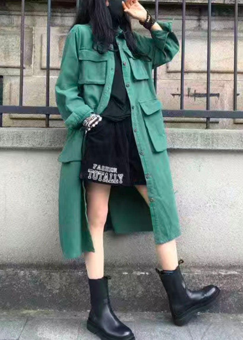 Green Peter Pan Collar Pockets Patchwork Cotton Trench Fall