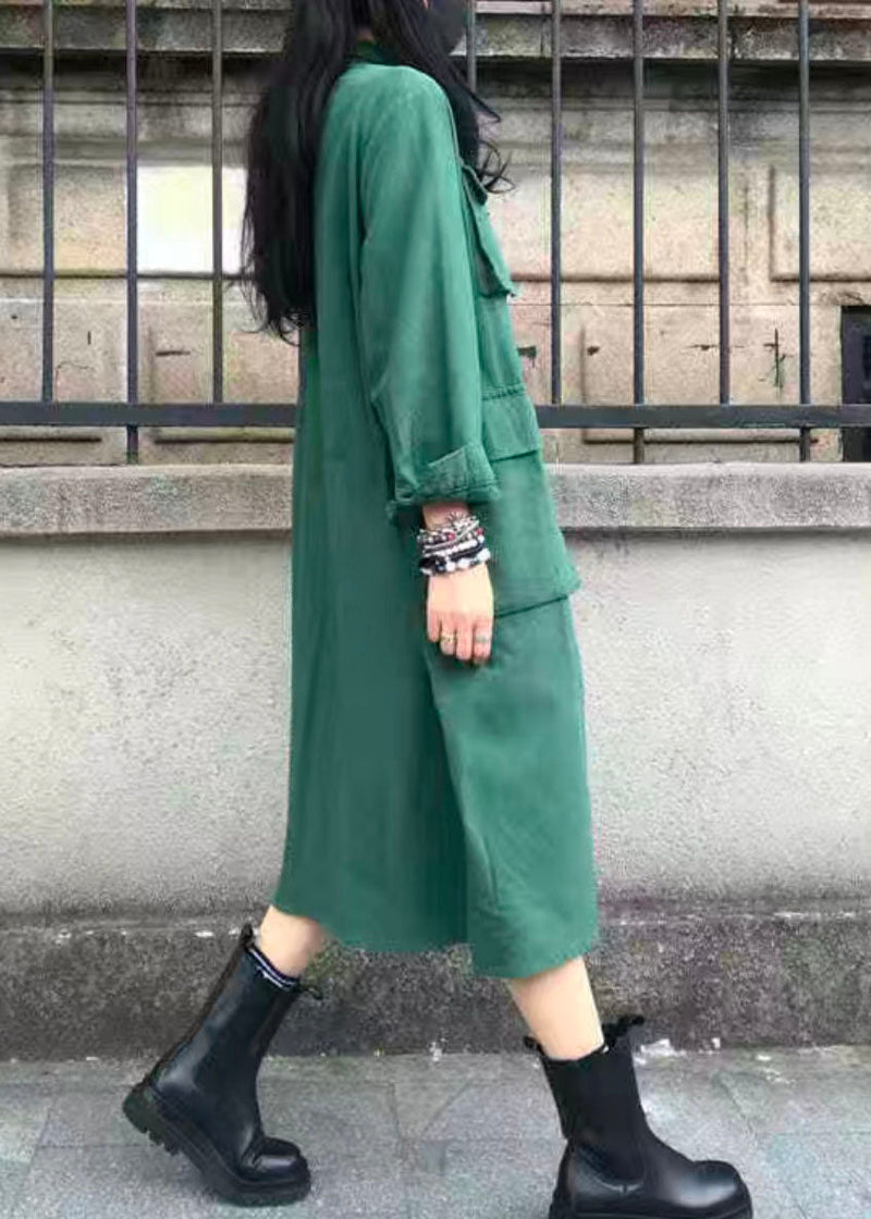 Green Peter Pan Collar Pockets Patchwork Cotton Trench Fall