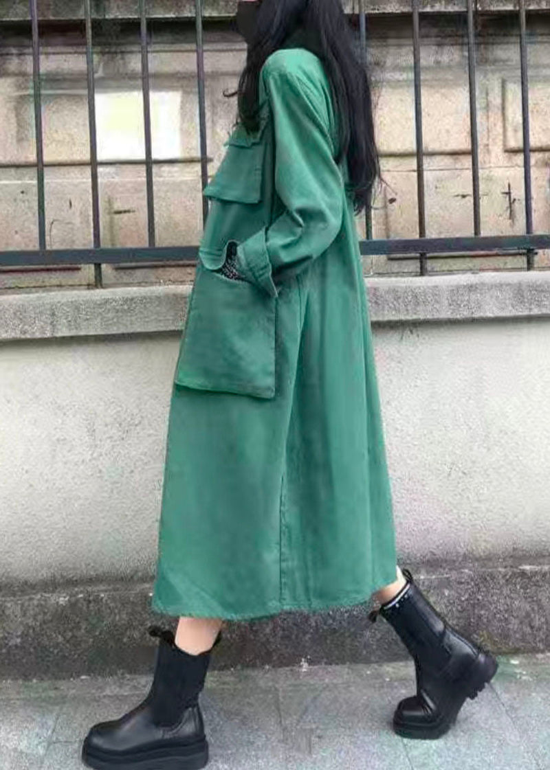 Green Peter Pan Collar Pockets Patchwork Cotton Trench Fall
