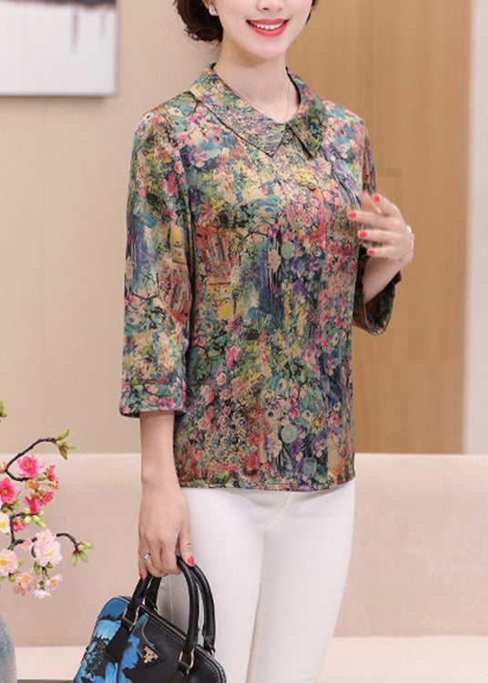 Green Peter Pan Collar Print Silk Shirts Spring
