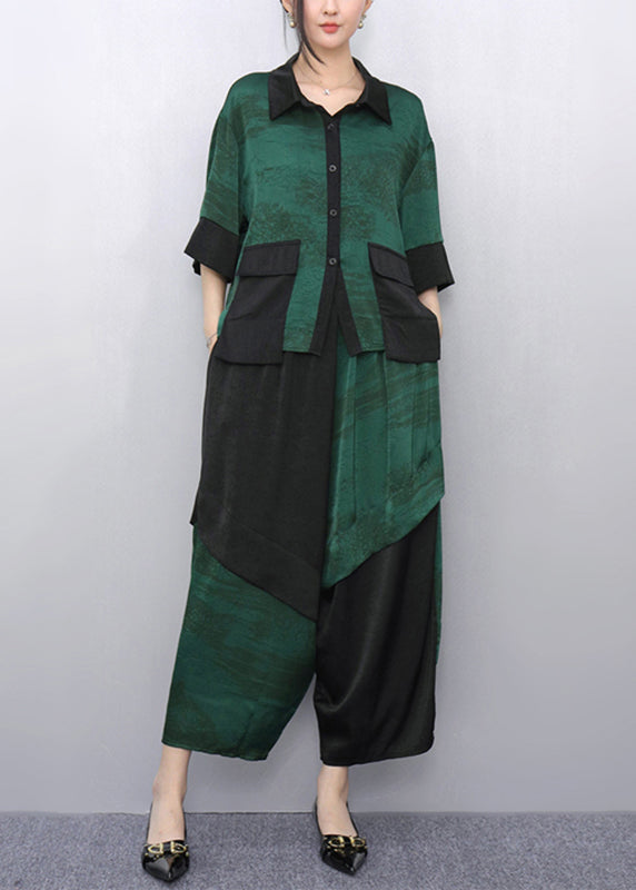 Green Peter Pan Collar Top and Wide Leg Pants Two Pieces Set Summer