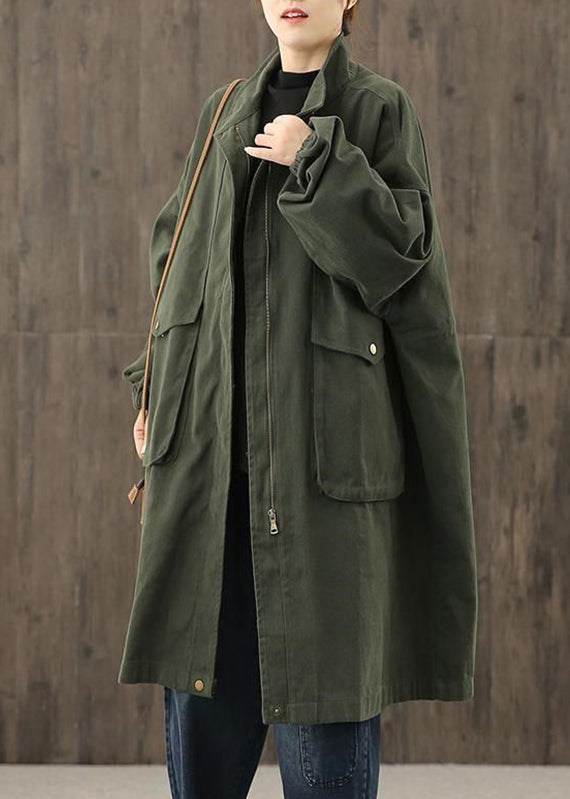 Green Peter Pan Collar Zippered Pockets Trench Coats Cotton Long Sleeve