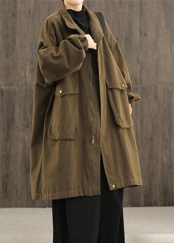 Green Peter Pan Collar Zippered Pockets Trench Coats Cotton Long Sleeve
