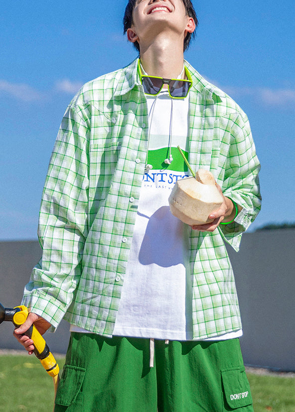 Green Plaid Button Oversized Cotton Shirts Spring