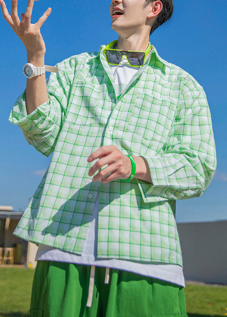 Green Plaid Button Oversized Cotton Shirts Spring