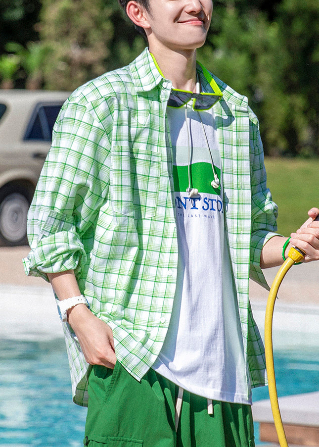 Green Plaid Button Oversized Cotton Shirts Spring