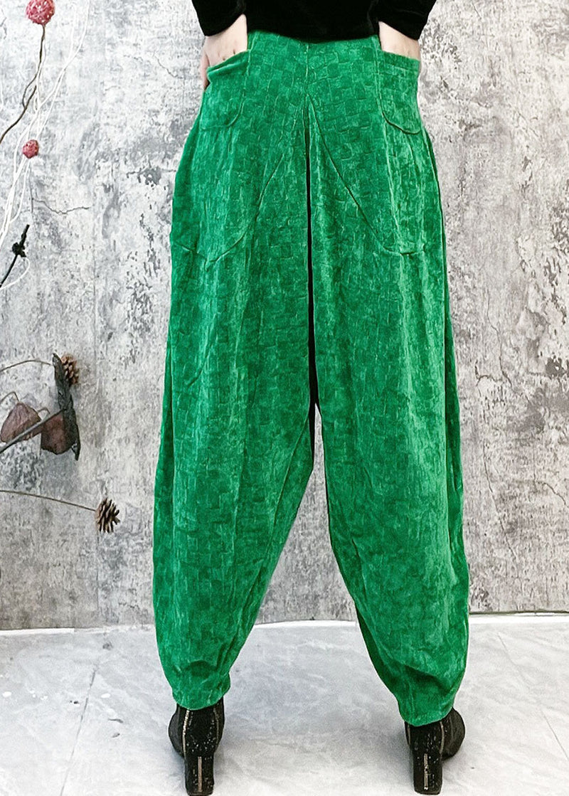 Green Plaid Elastic Waist Velour Lantern Pants Spring