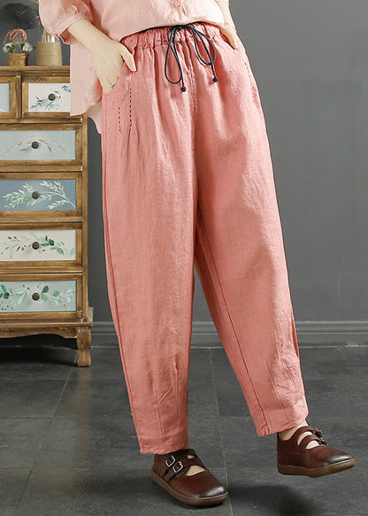 Green Pockets Cinched High Waist Linen Crop Pants Fall