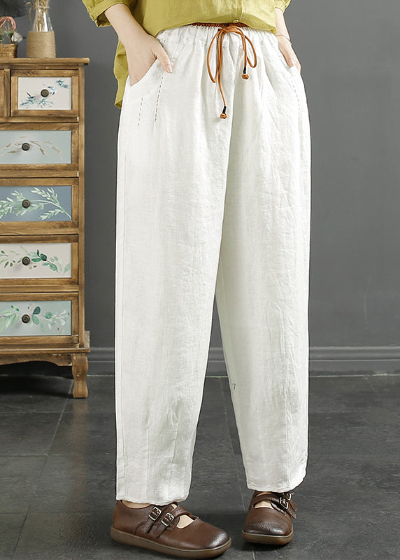 Green Pockets Cinched High Waist Linen Crop Pants Fall