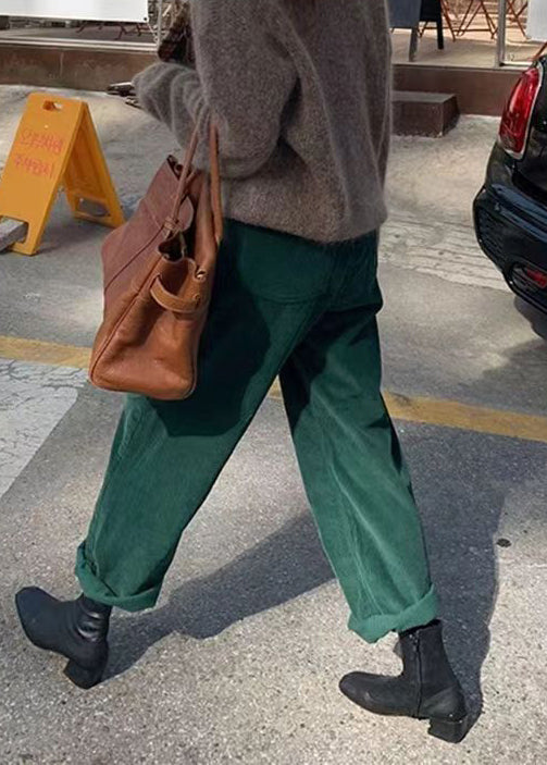 Green Pockets Corduroy Straight Pants Fall